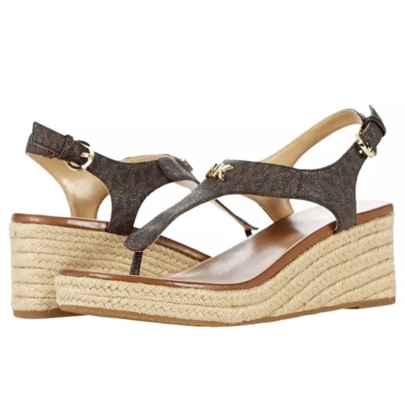 MICHAEL KORS LANEY LOGO ESPADRILLE WEDGE SANDALS BROWN SIZE 8 MSRP $165.00 - Picture 1 of 8